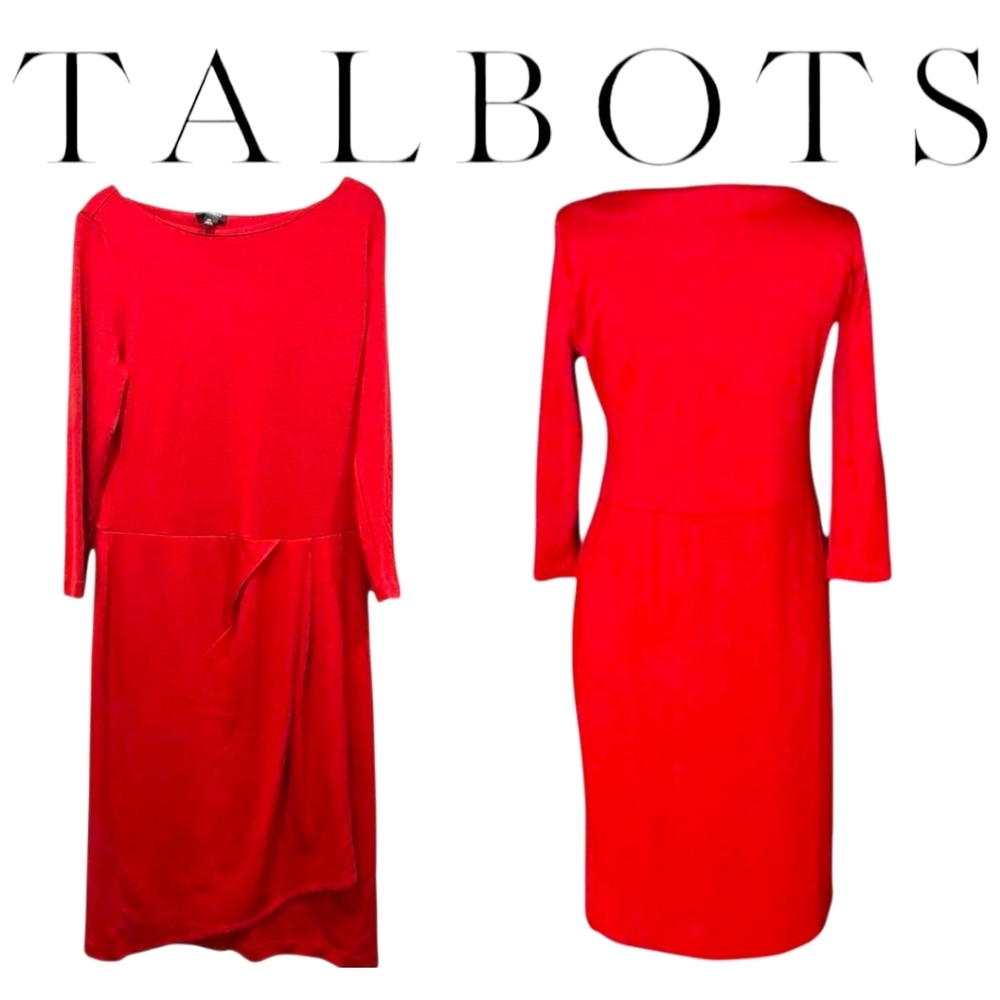 Talbots Dark Red Knit Long-Sleeved Faux Wrap Dress Boatneck Elastic Waist Sz XS